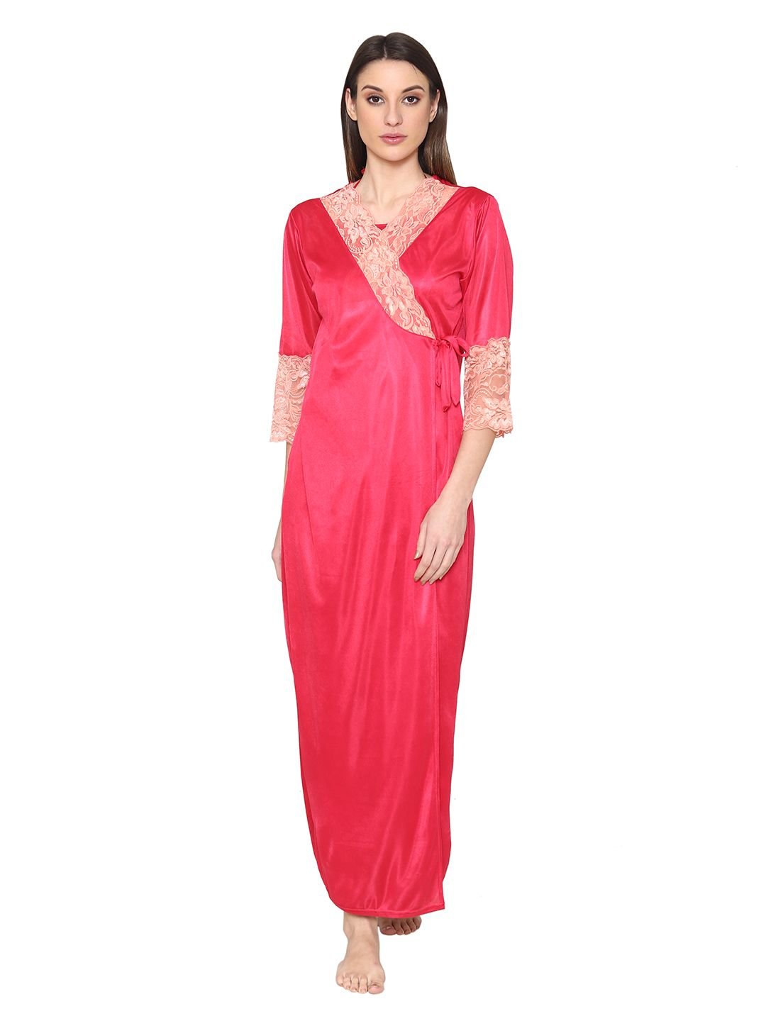 N-Gal Women's Satin Spandex Royal Lace Soft Nighty Lingerie Nightwear_Pink