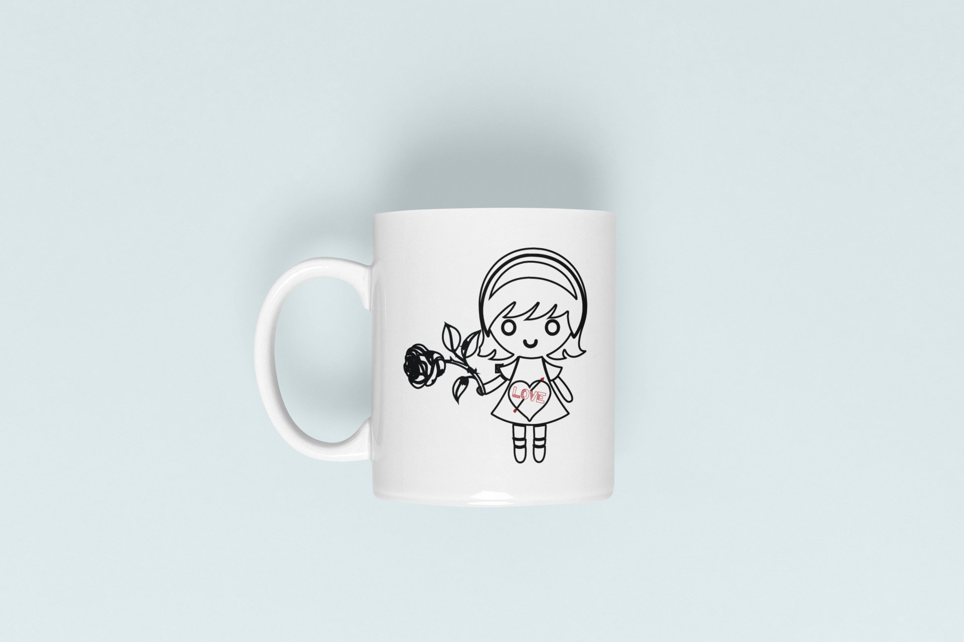 Rose Girl - line art themed printed ceramic white coffee and tea mugs/ cups