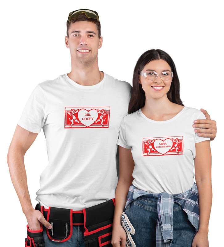 Mr Goofy/Mrs Well-Dressed Printed Couple (White) T-shirts