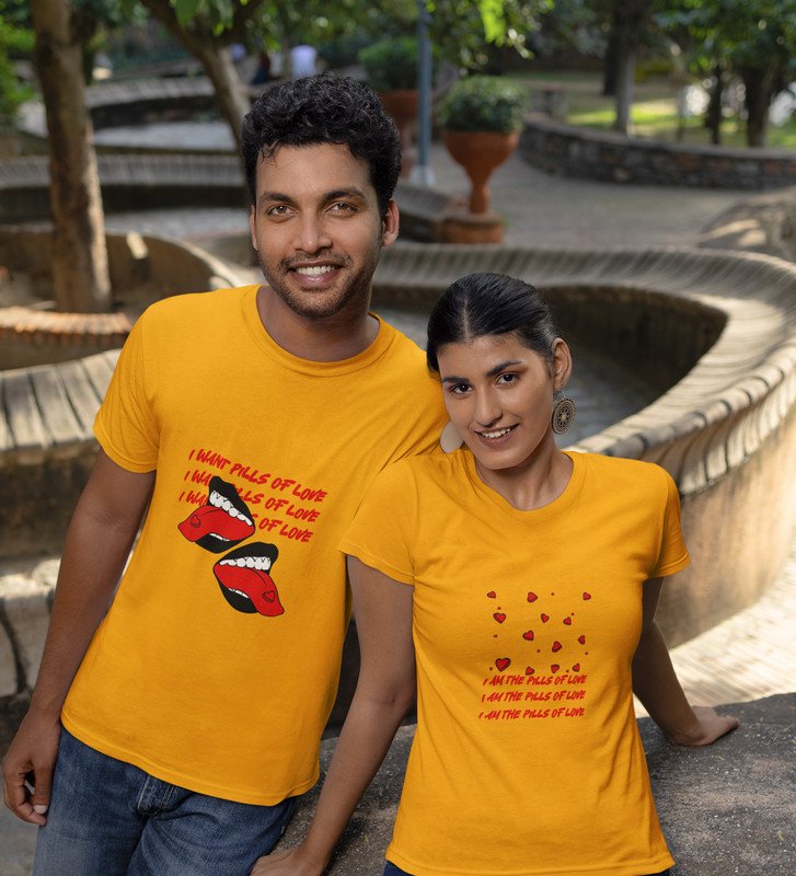 My Pills Of Love Cute Printed (Yellow) T-shirts For Couples
