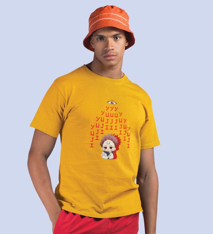 Evil Eye Itadori Cotton Yellow Printed Tshirt For Mens and Boys