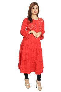 Red flower embroided straight Kurti for Womens/ girls (Apple color)- Made up of Rayon and designed for you plesant and comfy