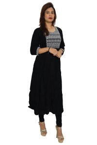 Curved square covered with flower embroided straight Kurti for Womens/ girls (black kurti)- Made up of Rayon and designed for you plesant and comfy