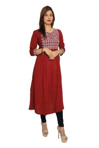 Four petal pearl flower embroided straight Kurti for Womens/ girls (Red)- Made up of Rayon and designed for you plesant and comfy