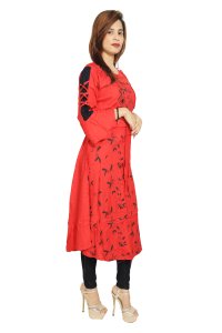 Black feather printed embroided straight Kurti for Womens/ girls (Red)- Made up of Rayon and designed for you plesant and comfy