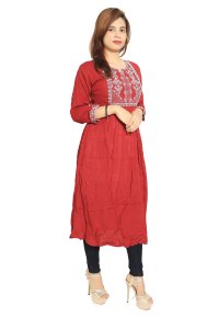 Five petal leaves embroided straight Kurti for Womens/ girls (Red)- Made up of Rayon and designed for you plesant and comfy