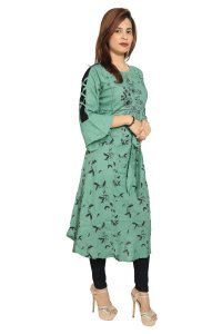Black feather printed straight Kurti for Womens/ girls(Green Kurti) - Made up of Rayon and designed for you plesant and comfy