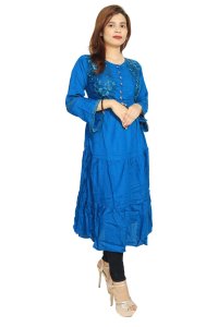 Blue flower embroided straight Kurti for Womens/ girls (Blue)- Made up of Rayon and designed for you plesant and comfy