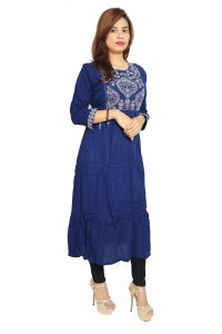 Karenji shaped designed embroided straight kurti for womens / girls (Dark Blue) - Made up of Rayon and designed for you plesant and comfy