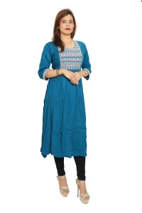 Curved square embroided straight kurti for womens / girls (Sky blue kurti) - Made up of Rayon and designed for you plesant and comfy