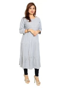 Karenji shaped embroided straight Kurti for Womens/ girls (Grey)- Made up of Rayon and designed for you plesant and comfy