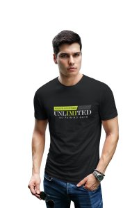 Health and Fitness, Unlimited, No Pain, No Gain, (BG Green and White), Round Neck Gym Tshirt (Black Tshirt) - Clothes for Gym Lovers - Suitable for Gym Going Person - Foremost Gifting Material for Your Friends and Close Ones