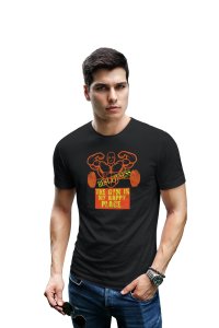 The Gym Is My Happy Place, (BG Orange), Round Neck Gym Tshirt (Black Tshirt) - Clothes for Gym Lovers - Suitable for Gym Going Person - Foremost Gifting Material for Your Friends and Close Ones