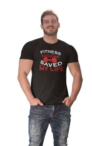 Fitness, Exercise Saved My Life, (BG Red and White), Round Neck Gym Tshirt (White Tshirt) - Clothes for Gym Lovers - Suitable for Gym Going Person - Foremost Gifting Material for Your Friends and Close Ones
