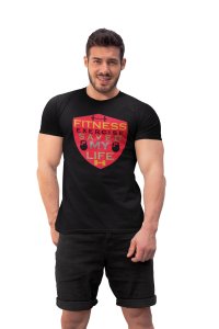 Fitness, Exercise Saved My Life, (BG Red Shield), Round Neck Gym Tshirt (White Tshirt) - Clothes for Gym Lovers - Suitable for Gym Going Person - Foremost Gifting Material for Your Friends and Close Ones