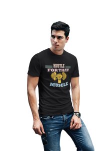 Huscle For That Muscle, (BG Pink, Orange, Blue and Yellow), Round Neck Gym Tshirt (White Tshirt) - Clothes for Gym Lovers - Suitable for Gym Going Person - Foremost Gifting Material for Your Friends and Close Ones