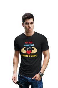 Stop Wishing, Start Doing, (BG Red, Blue and Yellow), Round Neck Gym Tshirt (White Tshirt) - Clothes for Gym Lovers - Suitable for Gym Going Person - Foremost Gifting Material for Your Friends and Close Ones