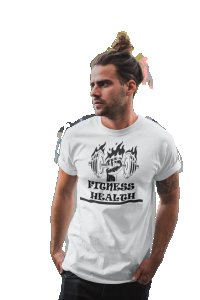 Fitness Health, Fist In Fire (BG Black), Round Neck Gym Tshirt (White Tshirt) - Clothes for Gym Lovers - Suitable for Gym Going Person - Foremost Gifting Material for Your Friends and Close Ones