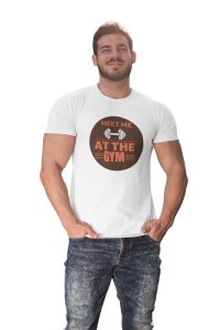 Meet Me At The Gym, Round Neck Gym Tshirt (BG Orange) (White Tshirt) - Clothes for Gym Lovers - Suitable for Gym Going Person - Foremost Gifting Material for Your Friends and Close Ones