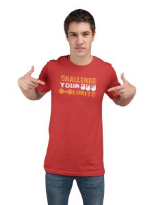 Challenge Your Limits, (BG Yellow and White), Round Neck Gym Tshirt (Red Tshirt) - Clothes for Gym Lovers - Suitable for Gym Going Person - Foremost Gifting Material for Your Friends and Close Ones