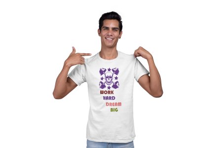 Work Hard, Dream Big, (BG Violet Skull), Round Neck Gym Tshirt (White Tshirt) - Clothes for Gym Lovers - Suitable for Gym Going Person - Foremost Gifting Material for Your Friends and Close Ones