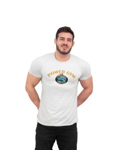 Power Gym, Fitness Center, (BG Yellow, Orange and White), Round Neck Gym Tshirt (White Tshirt) - Clothes for Gym Lovers - Suitable for Gym Going Person - Foremost Gifting Material for Your Friends and Close Ones
