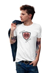 Fitness Gym Center, (BG Shield Red, Black and White), Round Neck Gym Tshirt (White Tshirt) - Clothes for Gym Lovers - Suitable for Gym Going Person - Foremost Gifting Material for Your Friends and Close Ones