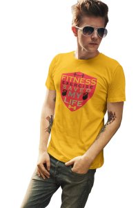 Fitness Exercise Saved My Life (BG Shield) Round Neck Gym Tshirt (Yellow Tshirt) - Foremost Gifting Material for Your Friends and Close Ones