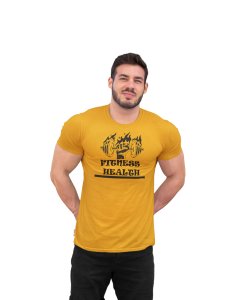 Fitness Health, Fist In Fire (BG Black), Round Neck Gym Tshirt (Yellow Tshirt) - Foremost Gifting Material for Your Friends and Close Ones