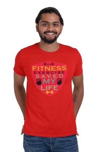 Fitness Exercise Saved My Life (BG Shield) Round Neck Gym Tshirt (Red Tshirt) - Foremost Gifting Material for Your Friends and Close Ones