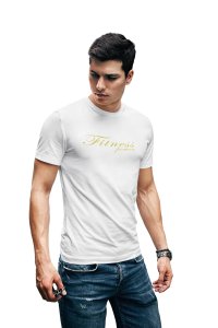 Fitness Power, Cursive Handwriting, Round Neck Gym Tshirt (White Tshirt) - Clothes for Gym Lovers - Foremost Gifting Material for Your Friends and Close Ones