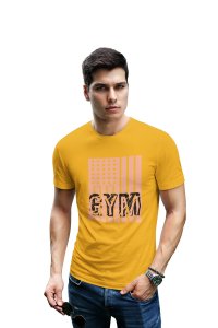 Gym Written in Front of a Flag, Round Neck Gym Tshirt (Yellow Tshirt) - Clothes for Gym Lovers - Suitable for Gym Going Person - Foremost Gifting Material for Your Friends and Close Ones