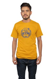 Gym Fitness, Blue Printed Round Neck Gym Tshirt (Yellow Tshirt) - Clothes for Gym Lovers - Suitable for Gym Going Person - Foremost Gifting Material for Your Friends and Close Ones