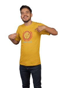 Fitness Center, Red Leaves Outside The Circle, Round Neck Gym Tshirt (Yellow Tshirt) - Clothes for Gym Lovers - Foremost Gifting Material for Your Friends and Close Ones