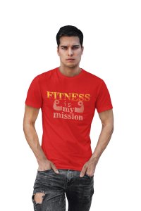 Fitness Is My Mission, (BG Yellow and Peech), Round Neck Gym Tshirt (Red Tshirt) - Clothes for Gym Lovers - Suitable for Gym Going Person - Foremost Gifting Material for Your Friends and Close Ones