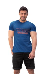 Heath and Fitness, Unlimited, No Pain, No Gain Round Neck Gym Tshirt (BG Light Brown) (Blue Tshirt) - Clothes for Gym Lovers - Suitable for Gym Going Person - Foremost Gifting Material for Your Friends and Close Ones