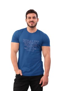 Healthy Mode On, Violet Outline, On Round Neck Gym Tshirt (Blue Tshirt) - Clothes for Gym Lovers - Suitable for Gym Going Person - Foremost Gifting Material for Your Friends and Close Ones