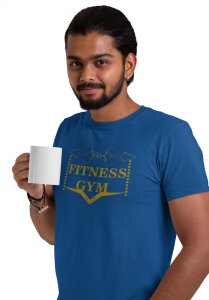 Fitness Gym, 5 Stars, (BG Golden), Round Neck Gym Tshirt (Blue Tshirt) - Clothes for Gym Lovers - Suitable for Gym Going Person - Foremost Gifting Material for Your Friends and Close Ones