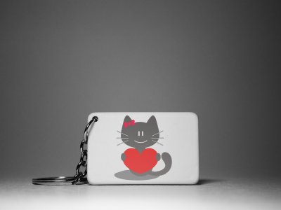 Gray Cat With Red Heart -White -Valentine's Special Keychains(Pack Of 2)