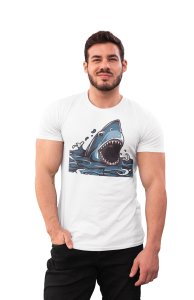 Shark attacking - White - printed T-shirts -Abstract Funny thoughtful creative illustrations - Men's stylish clothing - Cool tees for boys