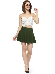 N-Gal Women's Polyester Lycra High Waist Flared Knit Skater Short Mini Skirt _DarkGreen