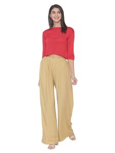 N-Gal Rayon Women's Wide Leg Elastic Waist Band Breathable Plain Palazzo Pant_Beige