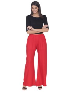 N-Gal Rayon Women's Wide Leg Elastic Waist Band Breathable Plain Palazzo Pant_Red