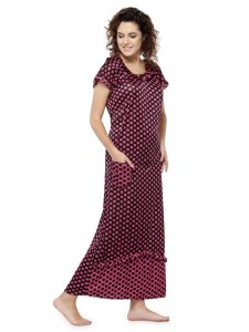 N-Gal Women's Satin Half Sleeves Polka Dot Nighty Night Dress Nightwear_Maroon_S