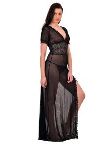 N-Gal Women's V-Neck Splicing Lace Nighty Night Dress Nightwear with G-String_Black