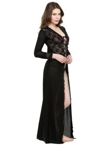 N-Gal Women's Polyester Spandex Deep Neck Lace Bridal Nightwear with G-String_Black