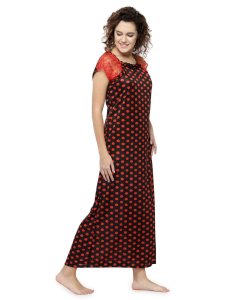 N-Gal Women's Satin Polka Dot Print Short Lace Sleeves Nighty Night Dress Nightwear_Red