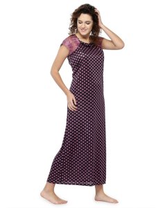 N-Gal Women's Satin Polka Dot Print Short Lace Sleeves Nighty Night Dress Nightwear_Purple