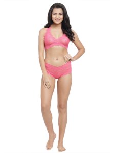 N-Gal Women's Floral Lace Racer Back Bra Underwear Lingerie Hipster Panty Set_Pink