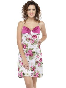 N-Gal Women's Satin Floral Pattern Short Nighty Robe Nightwear_Magenta